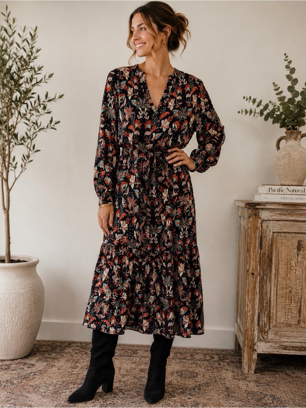 ECI Navy Floral Maxi Wrap Dress with Coral and Teal Accents